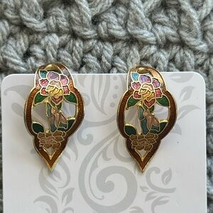 Cloisonné Clip Earings Cut out Dainty Bronze Red green blue Floral